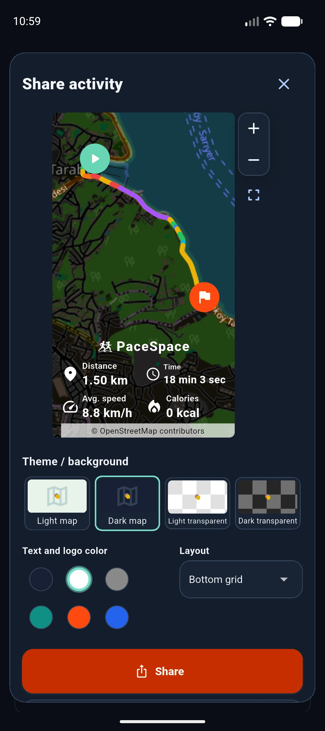 Share your route with its pace colors intact.