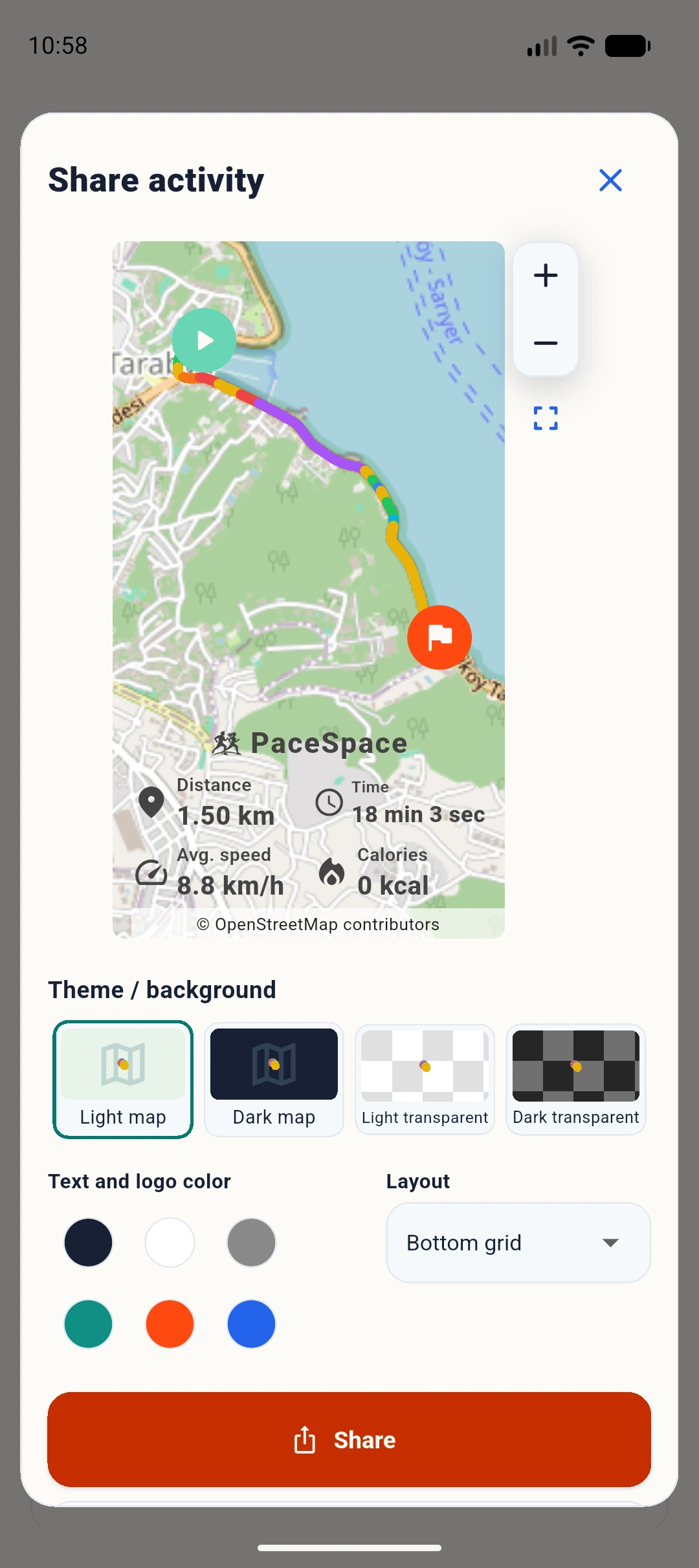 Share your route with its pace colors intact.